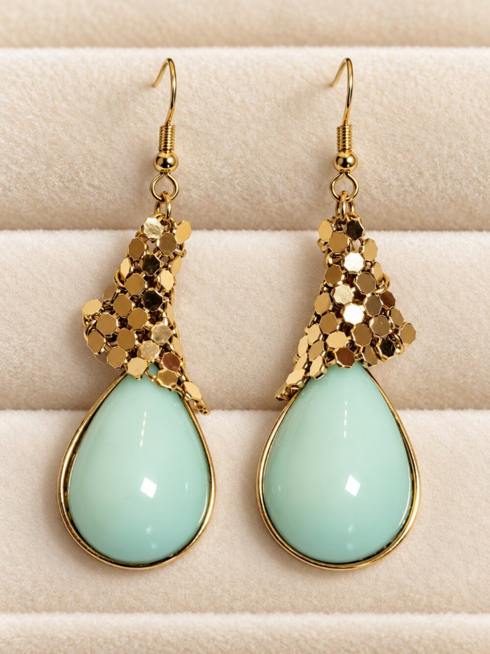 Gold Tone Mint Green Teardrop Statement Earrings